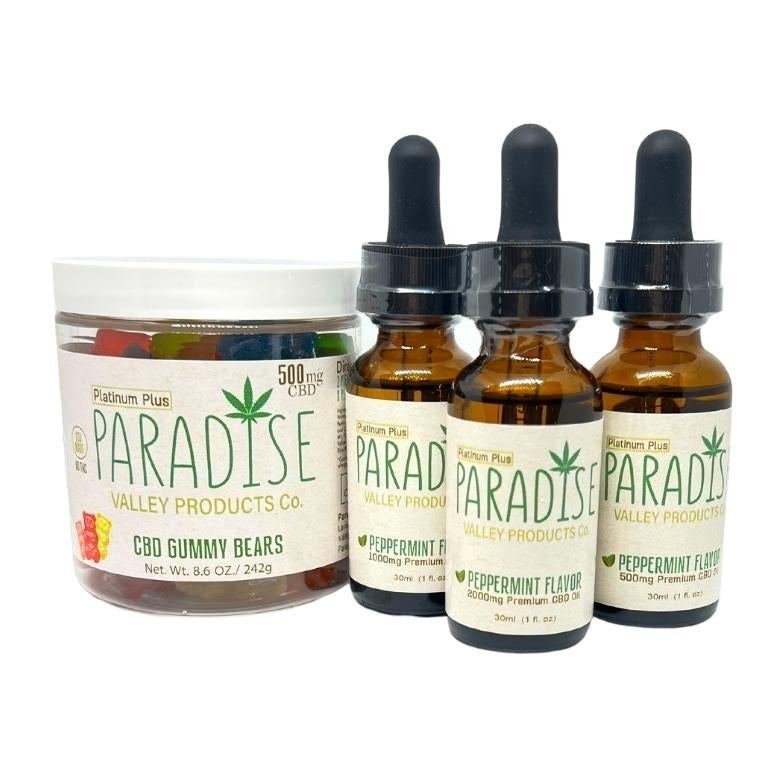 NEW Paradise Valley Products Platinum Plus CBD Oil and Paradise Valley Products CBD Gummy Bears 99.9% Pure CBD Isolate.  Buy CBD online at Paradise Valley Products.  Best CBD price! 