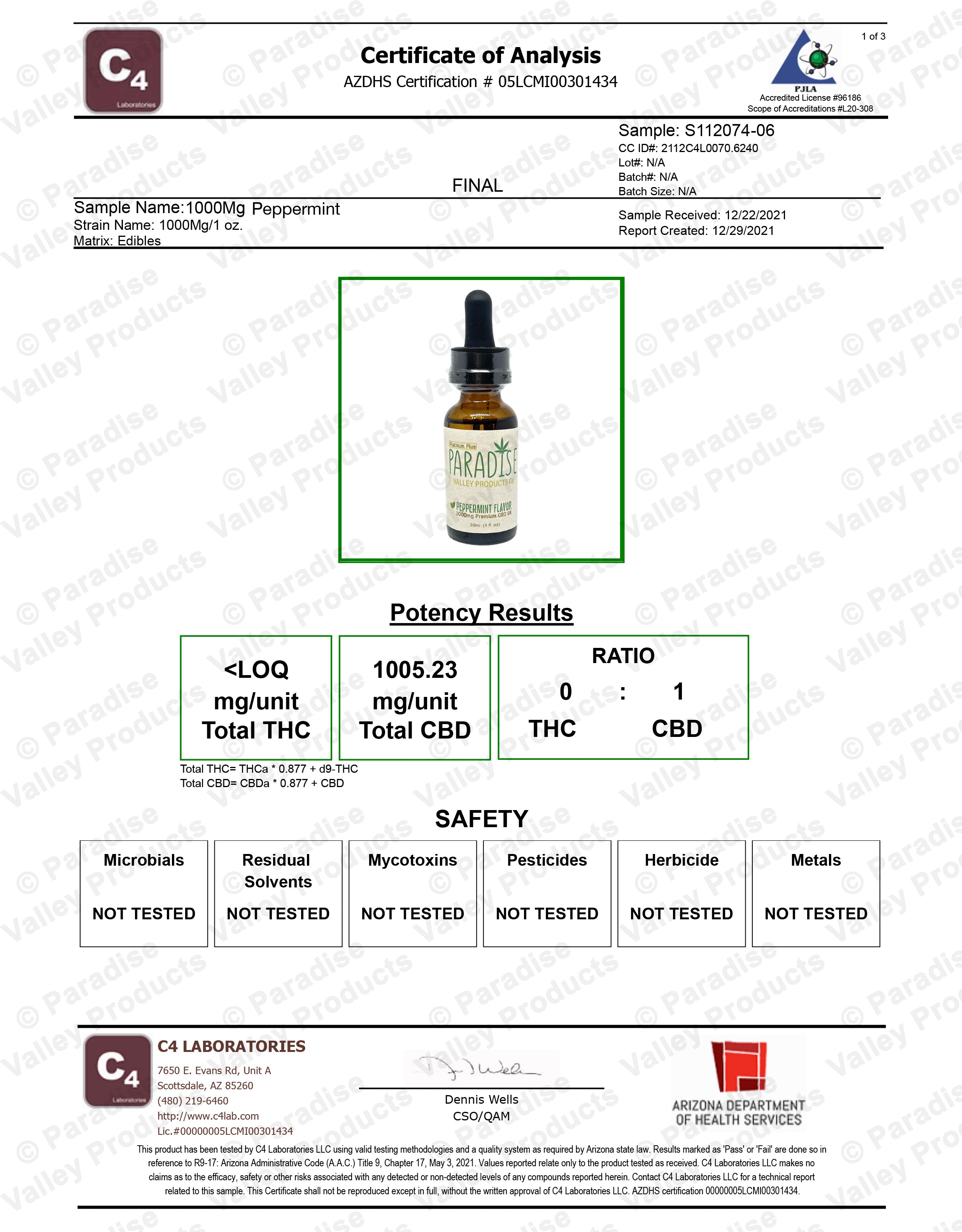 Paradise Valley Products Platinum Plus 1000mg CBD Oil Tincture Drops Third Party Lab Testing