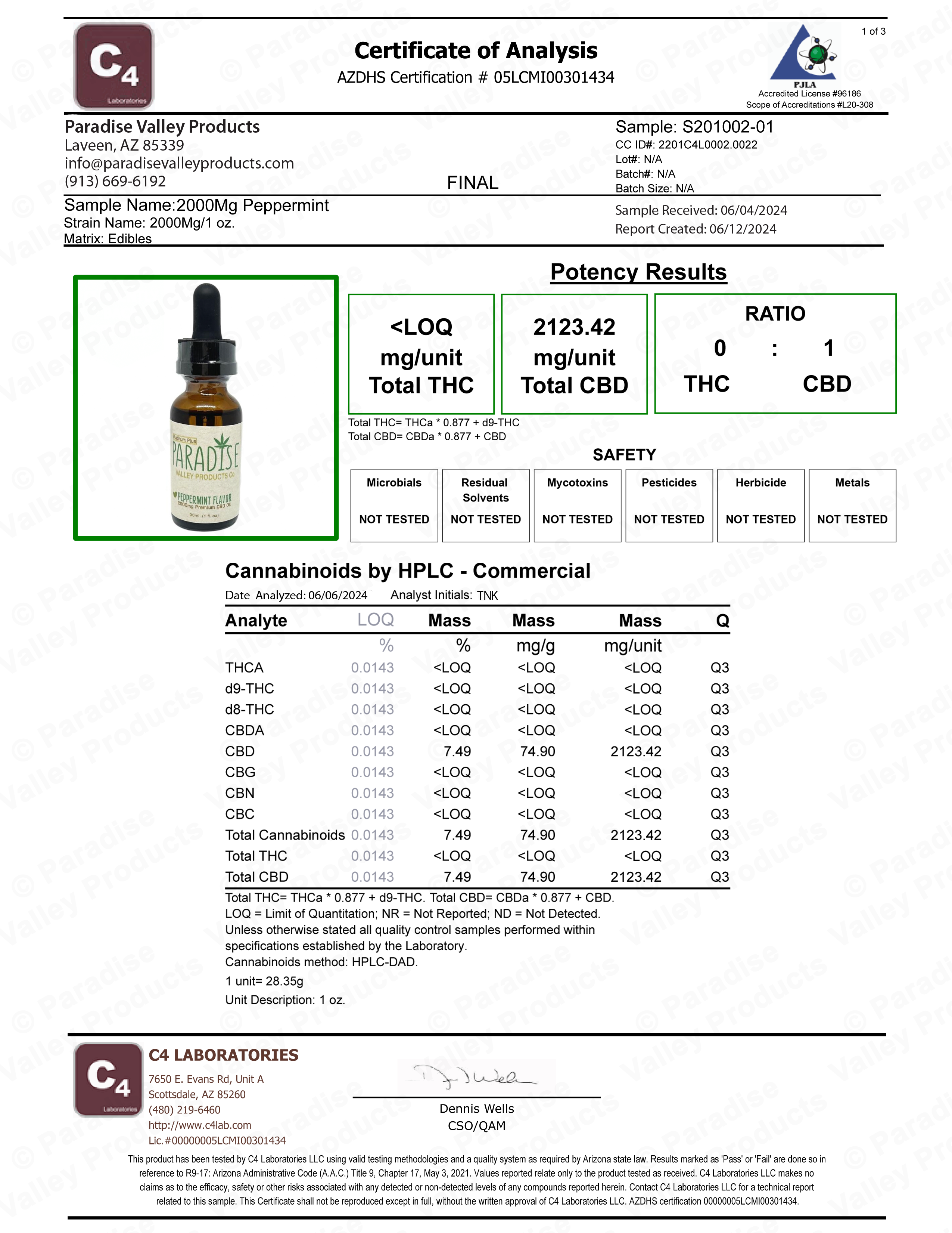 Paradise Valley Products Paradise 2000mg Peppermint CBD Drops Third Party Lab Test