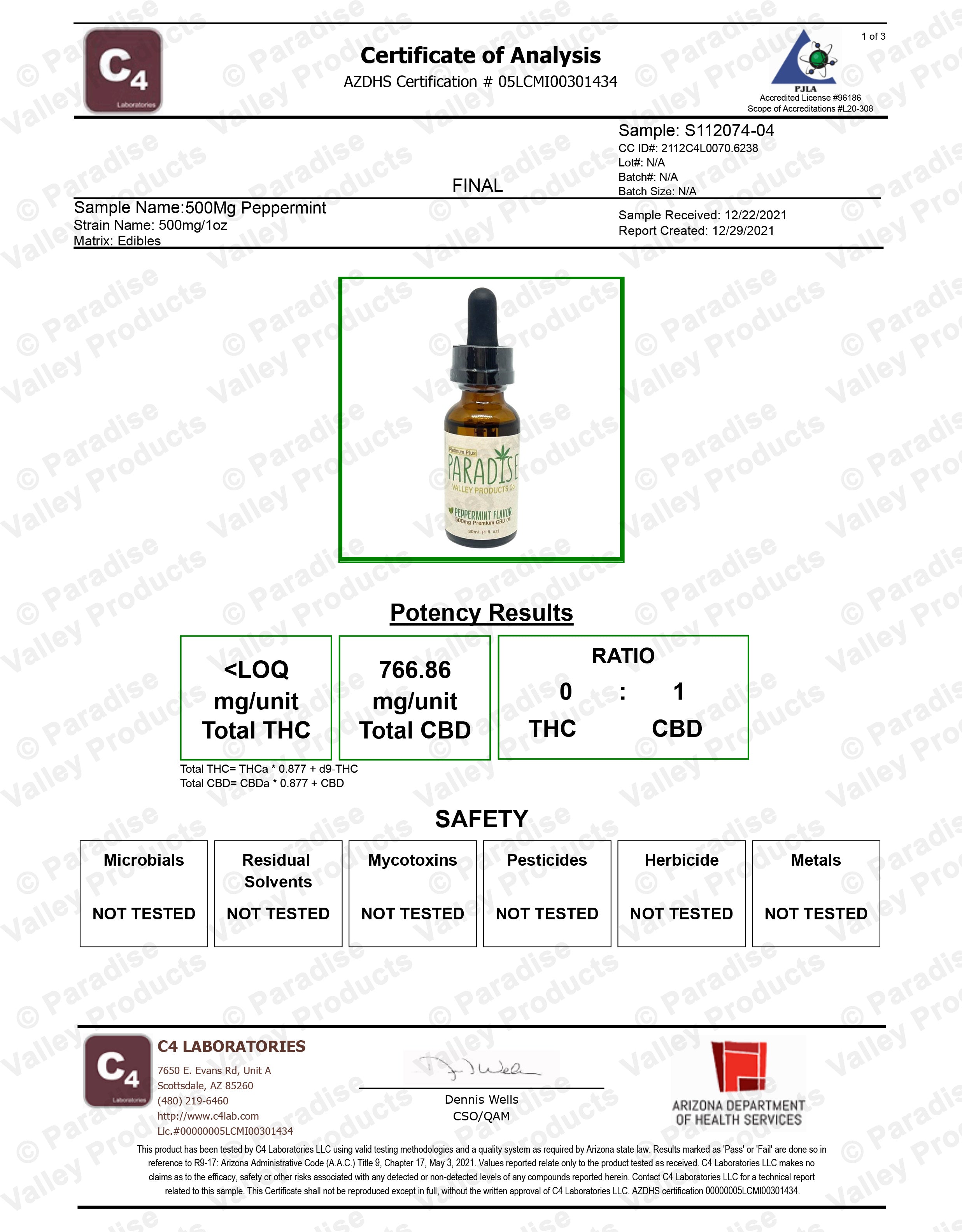 Paradise Valley Products Platinum Plus 500mg CBD Oil Tincture Drops Third Party Lab Testing
