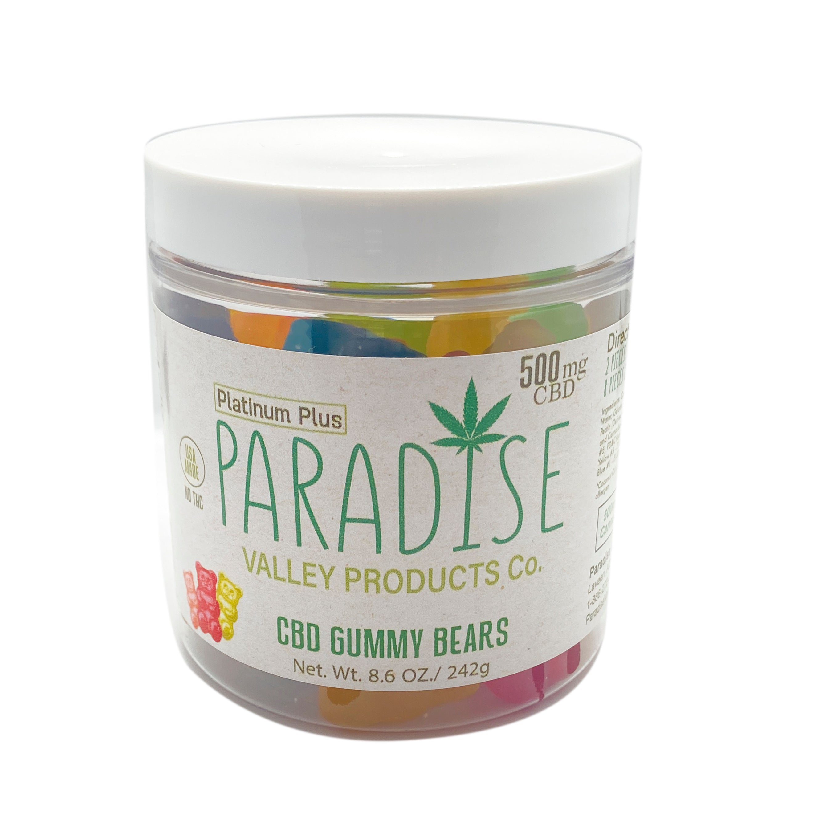 Paradise Valley Products 500mg Platinum Plus CBD Gummy Bears.  Paradise Valley Products CBD Gummy Bears online are the best and taste yummy.  Cheap CBD hemp oil.