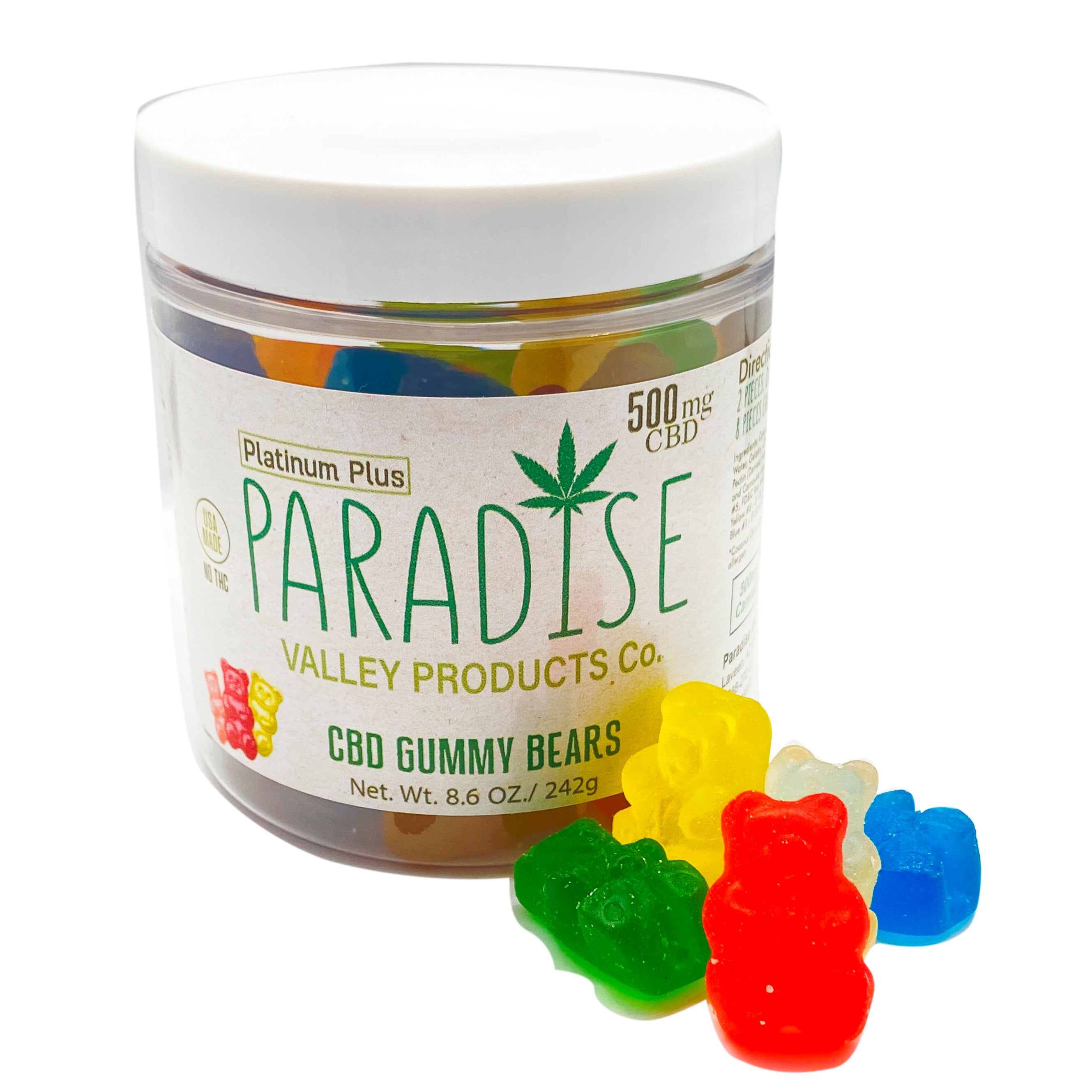 Paradise Valley Products 500mg Platinum Plus CBD Gummy Bears.  Cheap CBD Gummies.  Buy CBD Gummies on line.  Paradise Valley Products Best CBD online.