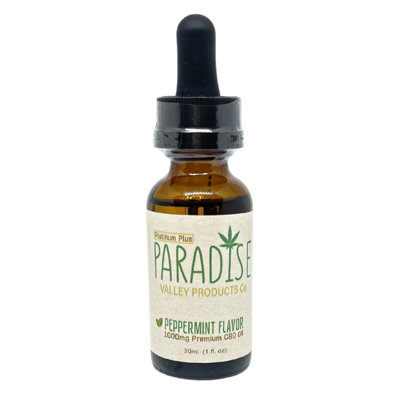 Paradise Valley Products Platinum Plus 1000mg CBD Oil Tincture Drops Peppermint Flavor. Hemp CBD Oil for inflammation, arthritis pain, anxiety, sleep issues. Best CBD Oil online. Cheap CBD Oil at Paradise Valley Products.
